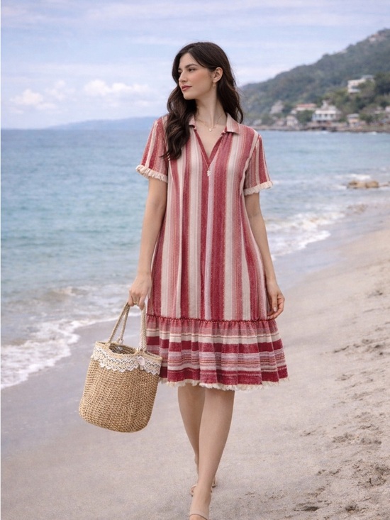 Joe Fresh Dresses & Skirts - 100% Cotton Pink Striped Relaxed Boxy Boho Midi Dress Large Beach Holiday Resort